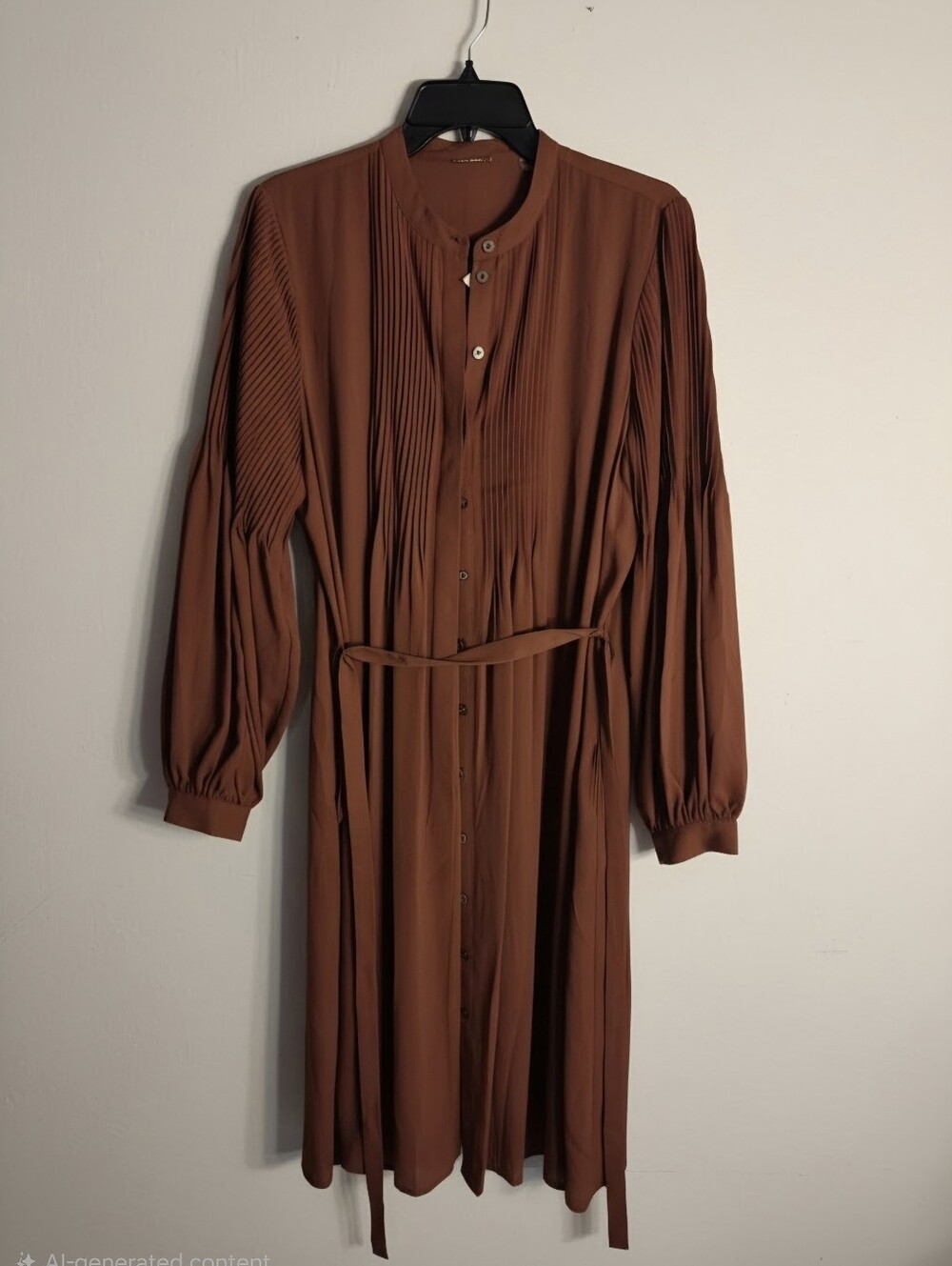 Elie Tahari Maderia Brown Pleated Shirtdress Size L Belted ViscoseLining $395